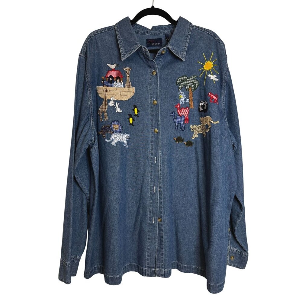 CST Blues Button Front Denim Shirt Blue Sz 24 Novelty Animal Appliqué Embroidery